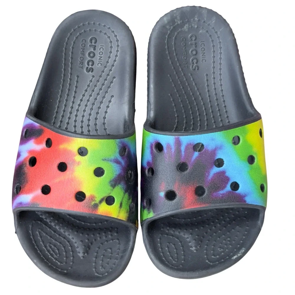 Crocs Classic Slide Kids Size 12 Black Rainbow Tie Dye Foam Comfort Sandal Boho